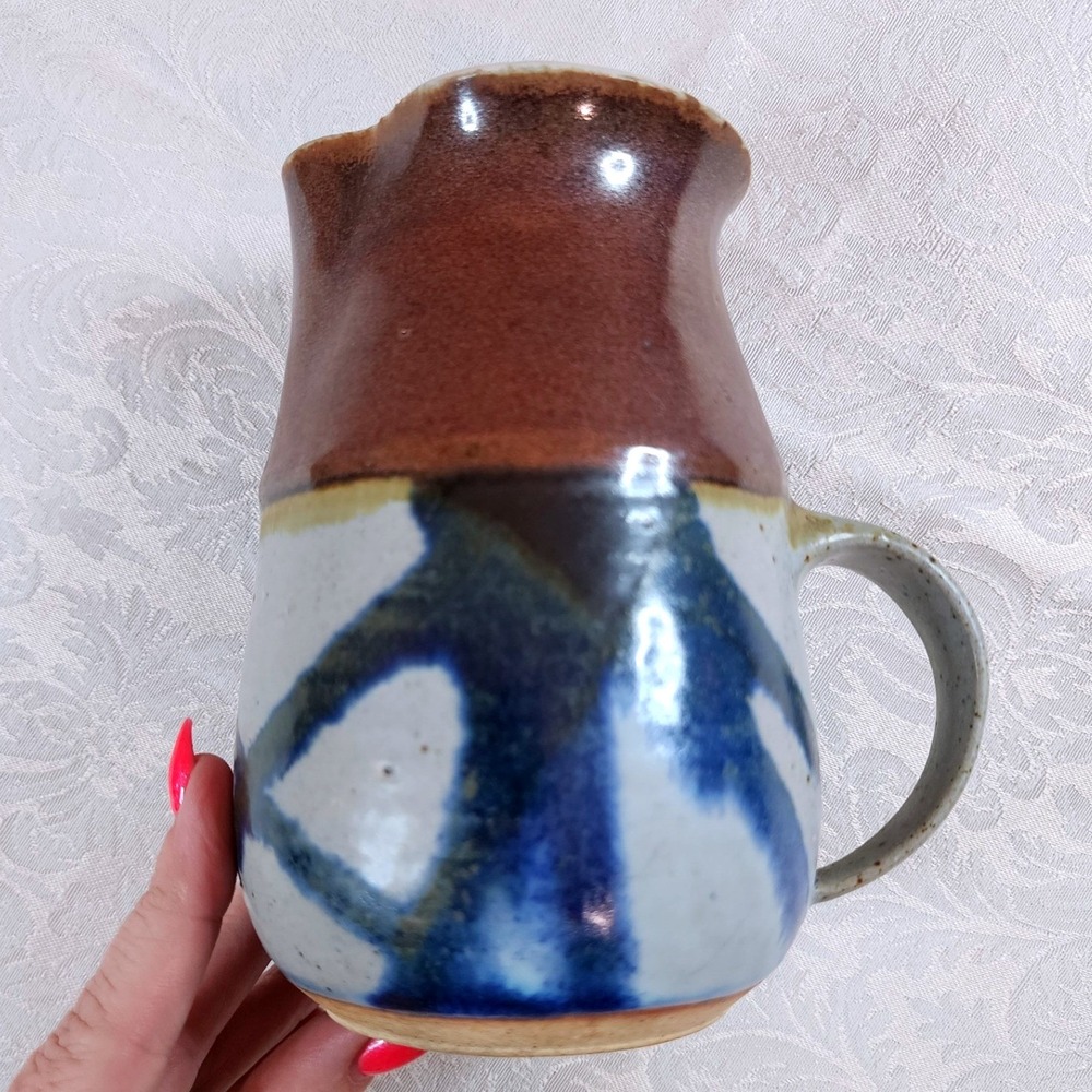 Vintage Studio S Hand Thrown Art Pottery Pitcher Tenmoku Brown Cobalt Blue X6